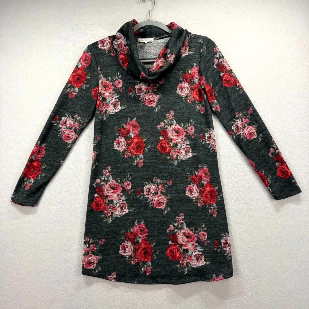 Nine Britton Hacci Knit Mini Dress Womens XS Gray Floral Stretch Marby Cowl Neck